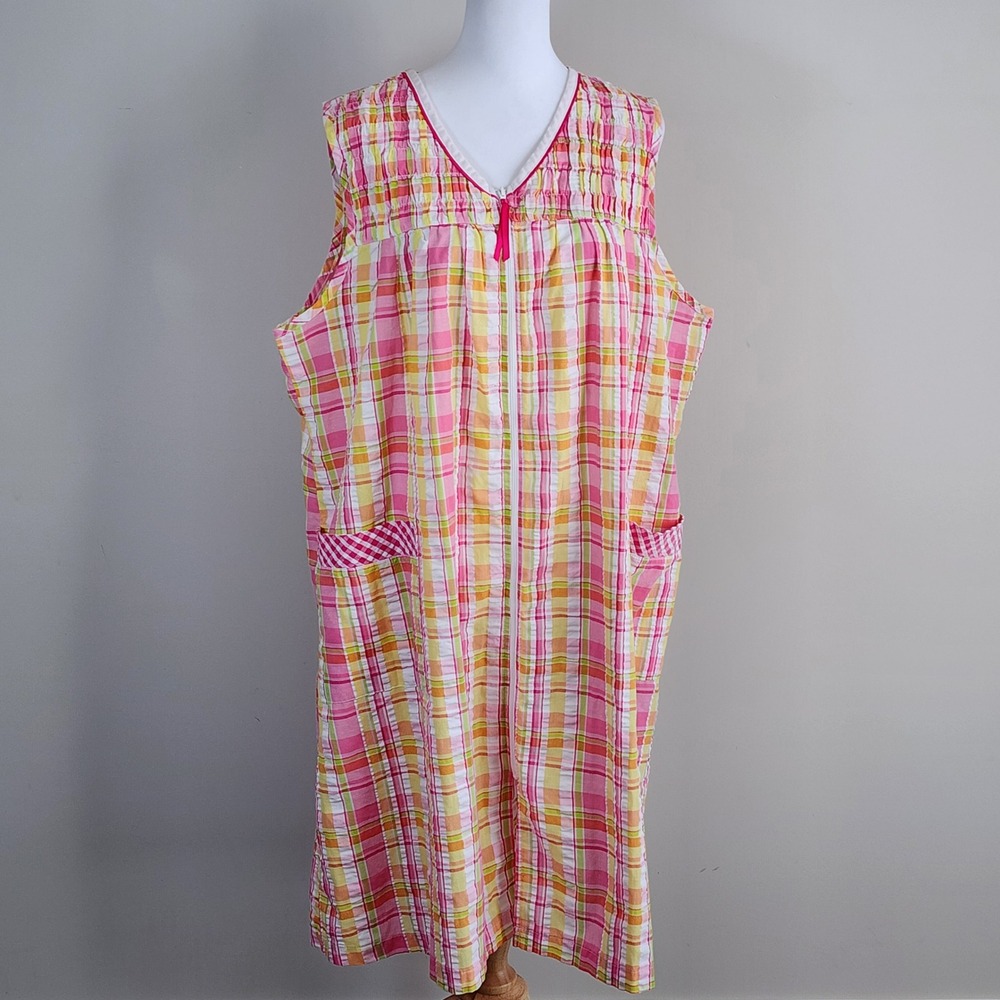House Dress Womens XL Pink Plaid Zip Front Seersucker Loungewear Sleepwear Gran